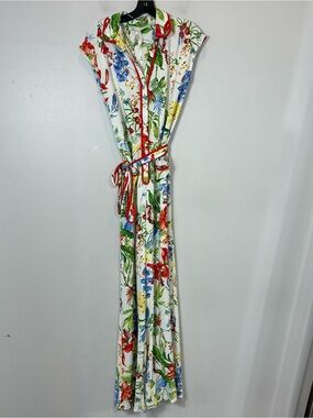 Elli White Medium M Floral Tropical Belted Sleeveless Wide Leg Jumpsuit Red Trim